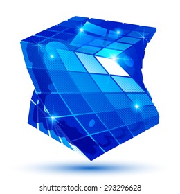 Plastic pixel colorful dimensional element, sparkle synthetic dotted geometric object isolated on white background.