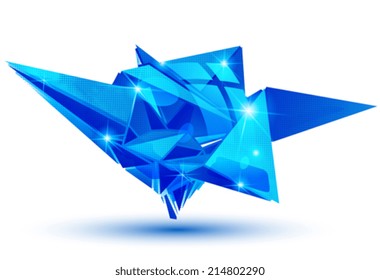 Plastic pixilated 3d shiny object isolated on white background, bright deformed synthetic element with dots. Blue gemstone.