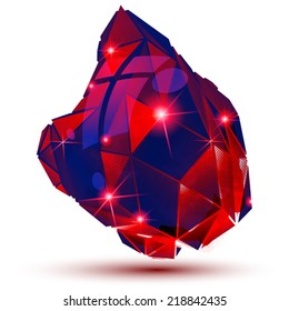 Plastic pixilated 3d shiny object isolated on white background, bright deformed gemstone element with facets.