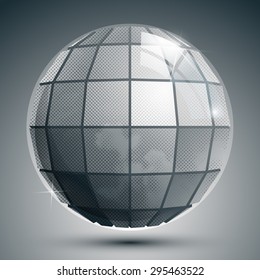 Plastic pixilated 3d spherical object, grayscale squared synthetic element with dots.
