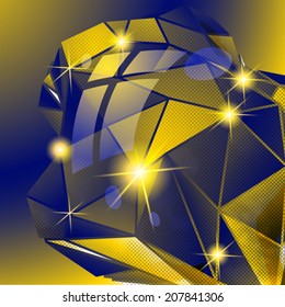 Plastic pixilated backdrop with glossy 3d cybernetic model, reflective fond with colored complex figure synthetic dot element.