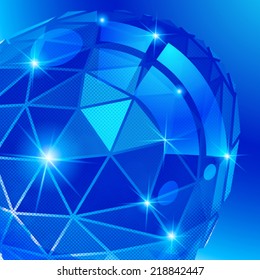 Plastic pixilated backdrop with glossy 3d cybernetic object, reflective fond with colored complex figure synthetic dot element.