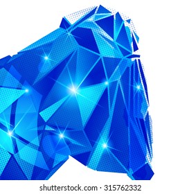 Plastic pixilated backdrop with glossy 3d cybernetic object, reflective fond with colored complex figure synthetic dot element.