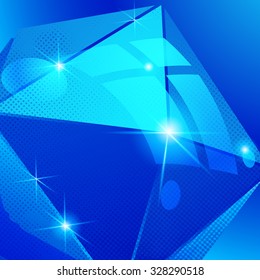 Plastic pixilated backdrop with glossy 3d cybernetic object, reflective background with colored complex figure synthetic dot element.