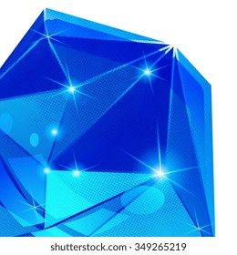 Plastic pixilated backdrop with glossy 3d cybernetic object, reflective fond with blue complex figure synthetic dot element.