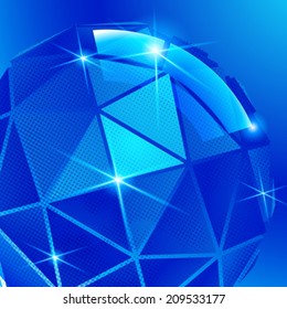 Plastic pixilated background with dimensional sphere, synthetic dotted geometric backdrop.