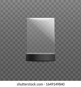 Plastic or plexiglass menu and cards desktop stand template, realistic vector illustration isolated on transparent background. Table tent display mockup front view.