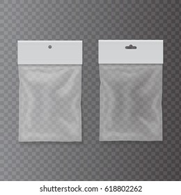 Plastic pocket bag set. Blank transparent mock up with hang slot. Vector Illustration