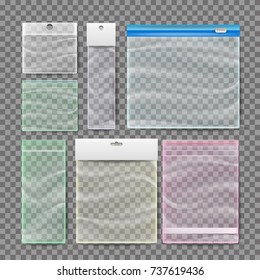 Plastic Pocket Bags Set Vector. Blank Vacuum Zipper Bag. Reclosable Resealable Zipper. Realistic Illustration