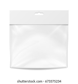 Plastic Pocket Vector Blank. Packing Design. Realistic Mock Up Template Of White Plastic Pocket Bag. Empty Hang Slot. Isolated Illustration