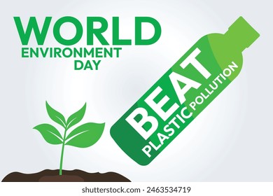 Plastic pollution, beat plastic pollution world environment day design template illustration,
a plastic bottle, a green plant is growing in the soil.