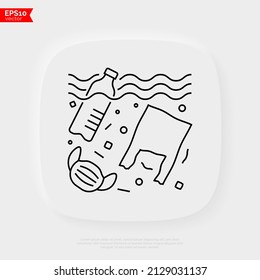 Plastic pollution. Plastic bottle, plastic bottle and medical mask in ocean or sea. Thin line icon. Overconsumption. Trash under water. Vector illustration.