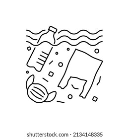 Plastic Pollution. Plastic Bottle, Plastic Bottle And Medical Mask In Ocean Or Sea. Thin Line Icon. Overconsumption. Trash Under Water. Vector Illustration.