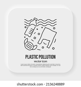 Plastic Pollution. Plastic Bottle, Plastic Bottle And Medical Mask In Ocean Or Sea. Thin Line Icon. Overconsumption. Trash Under Water. Vector Illustration.