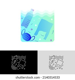 Plastic pollution. Plastic bottle, plastic bottle and medical mask in ocean or sea. Gradient flat icon. Overconsumption. Trash under water. Vector illustration.