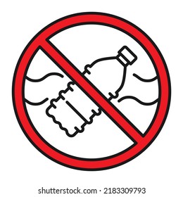 Plastic pollution concept. Bottle floats in an ocean or a river. Thin line or outline icon Vector illustration
