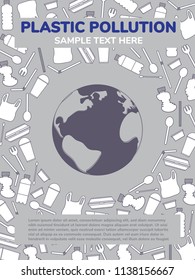 Plastic pollution concept in monotone outline cartoon with copyspace, planet earth surrounded with garbages 