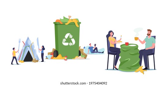 Plastic Pollution Concept. People Living in Garbage and Mess, Untidiness, Unsanitary Conditions. Male and Female Characters in Dirty Area Eat and Drink with Trash around. Cartoon Vector Illustration