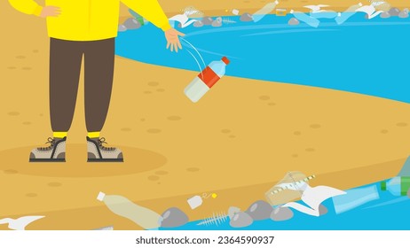 Plastic pollution concept with a person throwing garbage on the beach vector illustration