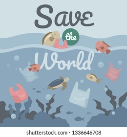 Plastic pollution concept poster or banner, plastic bags underwater vector illustration
