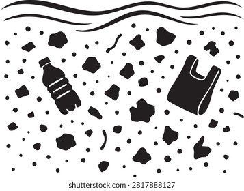 Plastic pollution floating in water vector illustration highlighting marine pollution and environmental conservation.