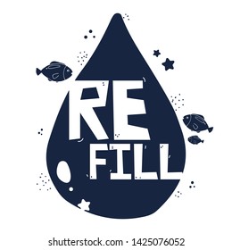 Plastic pollution hand drawn illustration of an ocean in a drop. Refill slogan. Plastic in the ocean drawing. Zero waste living. Fishes and sea stars.