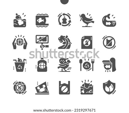 Plastic pollution. Harm to animals. World polyethylene recycling. Not plastic bags. Plastic bottle in sea. Vector Solid Icons. Simple Pictogram