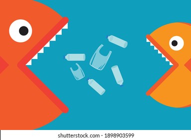 Plastic pollution harms aquatic life, Vector illustration in flat style