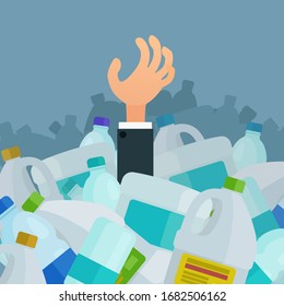 Contaminación plástica. Montones de botellas de plástico. Muerte del planeta Tierra bajo la basura humana. La mano humana sube de la basura plástica, la gente necesita ayuda. Ilustración vectorial, diseño plano, estilo caricatura.