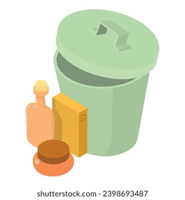 Plastic pollution icon isometric vector. Empty cosmetic packaging near trash can. Ecology concept