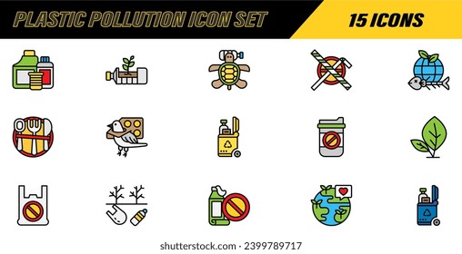 Plastic Pollution Icon Set. Microplastics pollution icons.  Included the icons as trash, environment, junk, plastic, and more. Vector Illustration. Vector Graphic. EPS 10