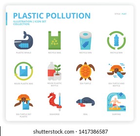 Plastic Pollution icon set for web design, book, magazine, poster, ads, app, etc.