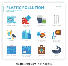 Plastic Pollution icon set for web design, book, magazine, poster, ads, app, etc.