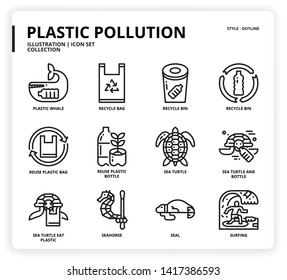 Plastic Pollution icon set for web design, book, magazine, poster, ads, app, etc.