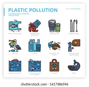 Plastic Pollution icon set for web design, book, magazine, poster, ads, app, etc.