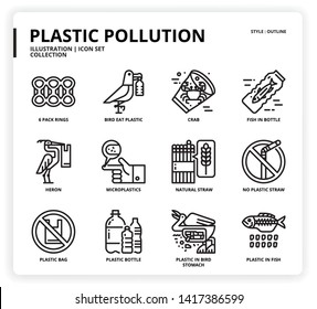 Plastic Pollution icon set for web design, book, magazine, poster, ads, app, etc.