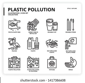 Plastic Pollution icon set for web design, book, magazine, poster, ads, app, etc.