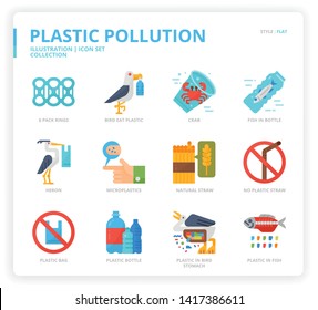 Plastic Pollution icon set for web design, book, magazine, poster, ads, app, etc.