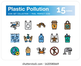 Plastic Pollution Icons Set. UI Pixel Perfect Well-crafted Vector Thin Line Icons. The illustrations are a vector.