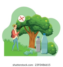 Ilustración de contaminación plástica. El personaje protesta contra los residuos plásticos y la contaminación del planeta. Apoyar la eliminación y el reciclado adecuados de los desechos. El concepto de consumo consciente.