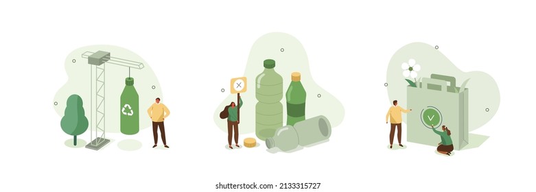 Plastic pollution illustration set. Characters protesting against plastic waste. People supporting zero waste recycling program. Sustainable lifestyle concept. Vector illustration.