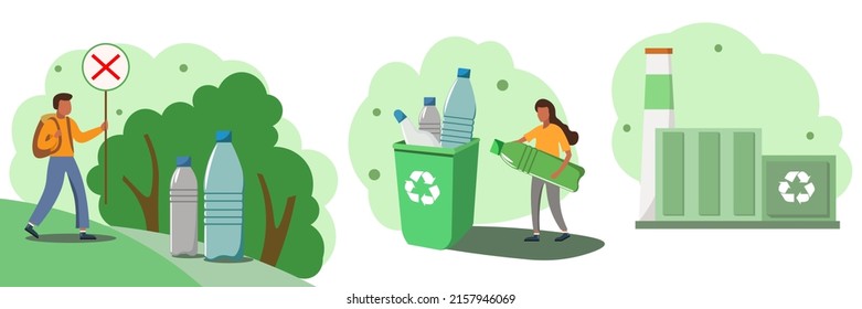 Plastic pollution illustration set. Characters protest against plastic waste and pollution of the planet. Support for the proper disposal and recycling of waste. The concept of conscious consumption. 