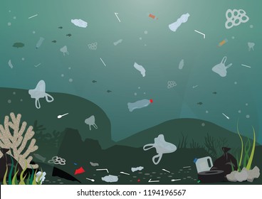 plastic pollution illustration trash under the sea Template with different kinds of garbage, bags, wastes, plastic straws and plastic utensils in the ocean