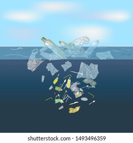 Plastic pollution illustration trash under the sea. Template with garbage, bags, wastes, plastic straws and plastic utensils in the ocean. The concept of ecology and the World Cleanup Day