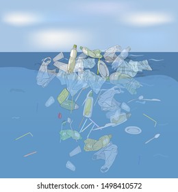 Plastic Pollution Illustration Trash Under The Sea. Template With Garbage, Bags, Wastes, Plastic Straws And Plastic Utensils In The Ocean. The Concept Of Ecology And The World Cleanup Day