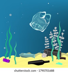 Plastic pollution illustration trash under the sea. Different kinds of garbage, bags, wastes, plastic bottles, and plastic utensils in the ocean low. Vector illustration.