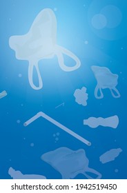 plastic pollution illustration trash under the sea Template with different kinds of garbage, plastic  bags, plastic bottle and straws in the ocean