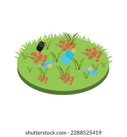 Plastic pollution isometric concept with bottles on green grass 3d vector illustration