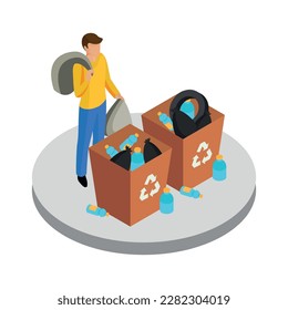 Contaminación plástica concepto isométrico con hombre recolectando basura en contenedores Ilustración vectorial 3d