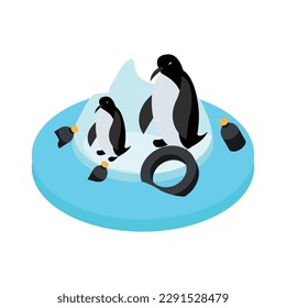 Plastic pollution isometric concept with penguins on ice in polluted sea 3d vector illustration